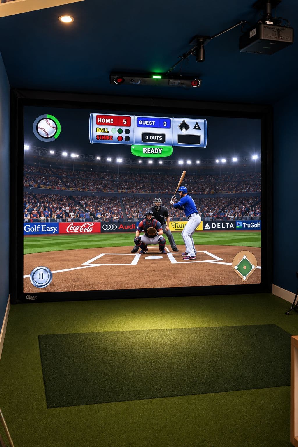 A baseball game on the TruGolf multi-sport simulator